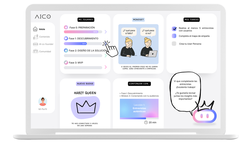 Vista del programa AICO: fases de emprendimiento, recursos y tareas con tu AI co-founder